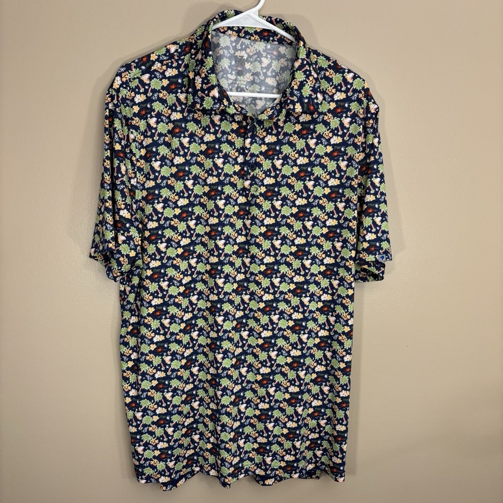 1764 Short Sleeve Athletic Golf Polo Shirt Men's Large PalmTree Fish Crab Flower